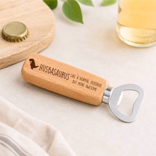 60 Second Makeover Husband Dinosaur Wooden Bottle Opener in Beige