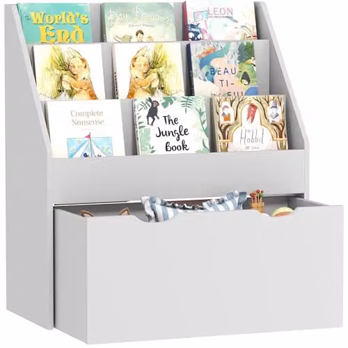 AIYAPLAY Kids Bookshelf Storage Organiser, 3 Tier Grey MDF Bookcase, H 70 cm x W 30 cm x D 30 cm