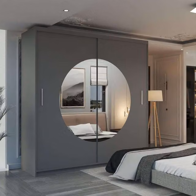 MN Furniture Milos Sliding Wardrobe with Mirror and Integrated LED Lighting, Grey, W: 150 cm, H: 217 cm