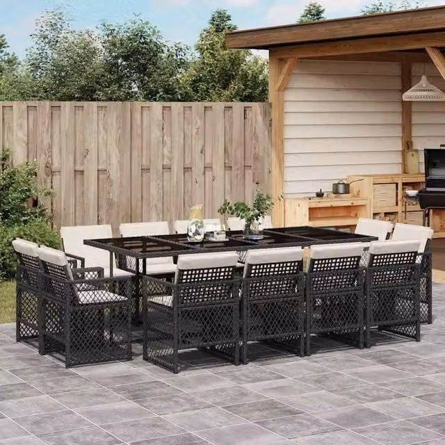 Berkfield Home 13 Piece Black Poly Rattan Garden Dining Set with Glass Table and Cushions – 1