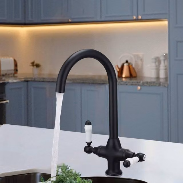 Nes Home Traditional Twin Lever Kitchen Mixer Tap with Swivel Spout in Matte Black