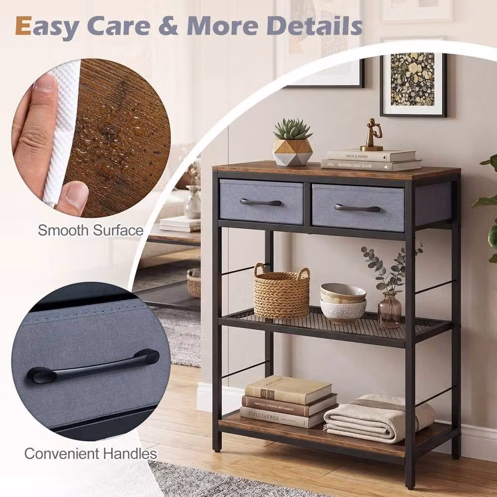 KORVIXA 3-Tier Rustic Brown Wood and Metal Entryway Storage Rack, W: 100 cm, H: 81 cm – 4