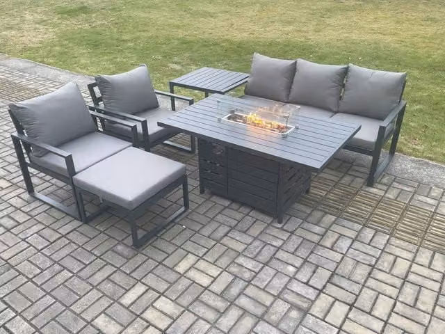 Fimous Aluminium Outdoor Garden Furniture Set with Gas Fire Pit Dining Table, 2 Armchairs, Side Table and Large Footstool in Dark Grey