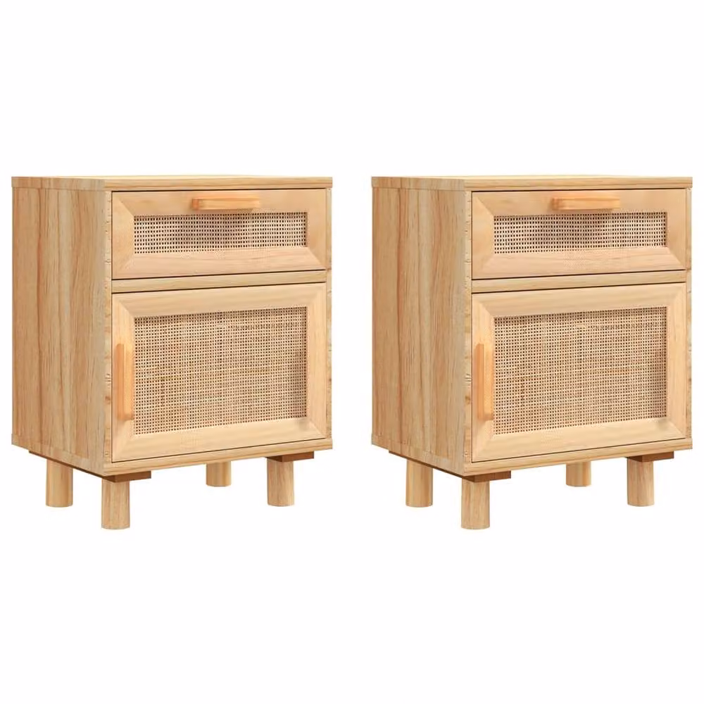 Berkfield Home Set of 2 Brown Solid Wood Pine and Natural Rattan Bedside Cabinets – 2