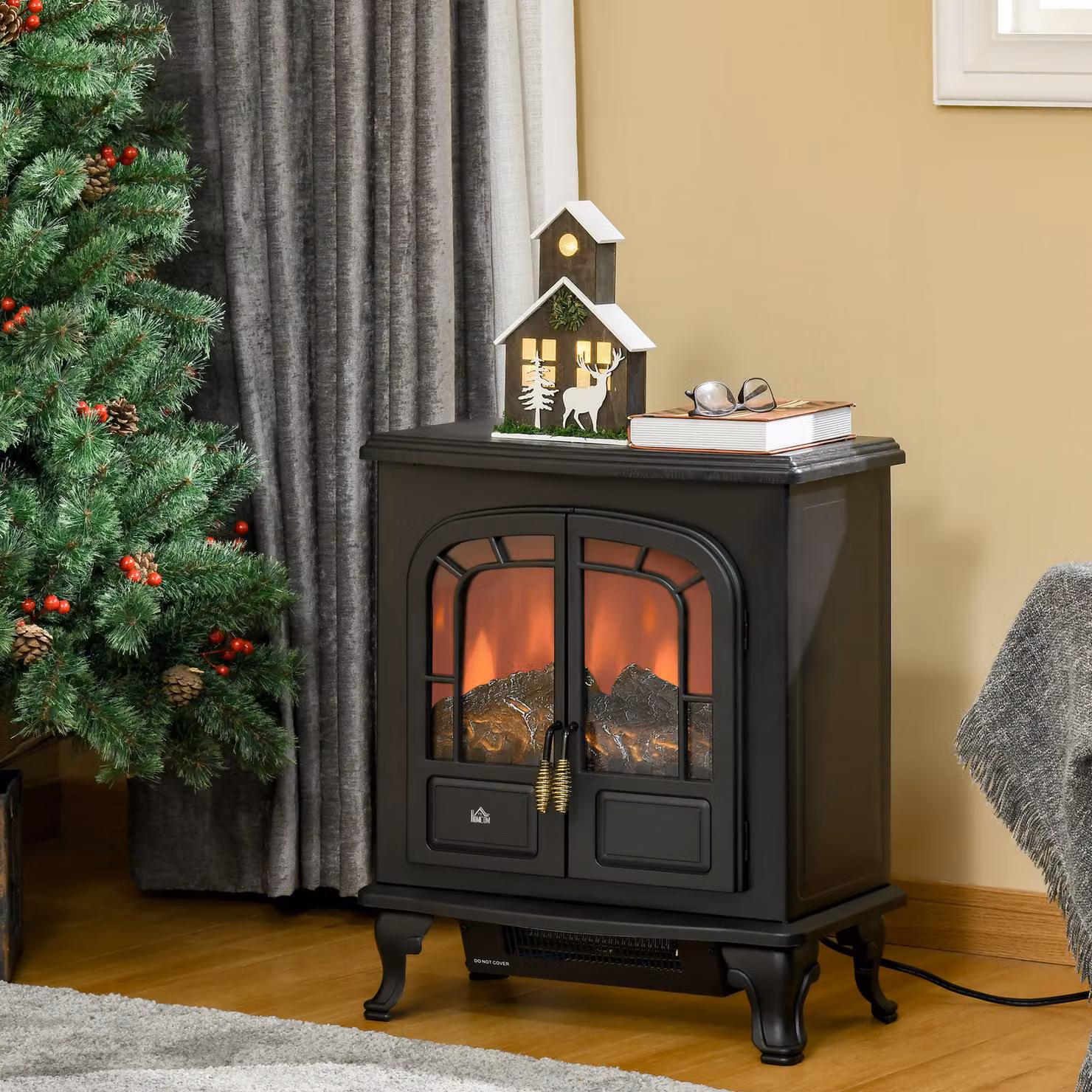 HOMCOM Electric Fireplace Stove Heater with LED Flame Effect, Double Door, Black – 2