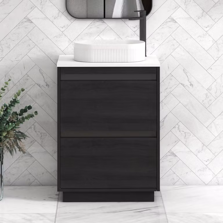 Royal Bathrooms Orion 600mm Hale Floor Standing Vanity Unit with Lyon Basin and 2 Drawers in Plain White and Black Accent Trim