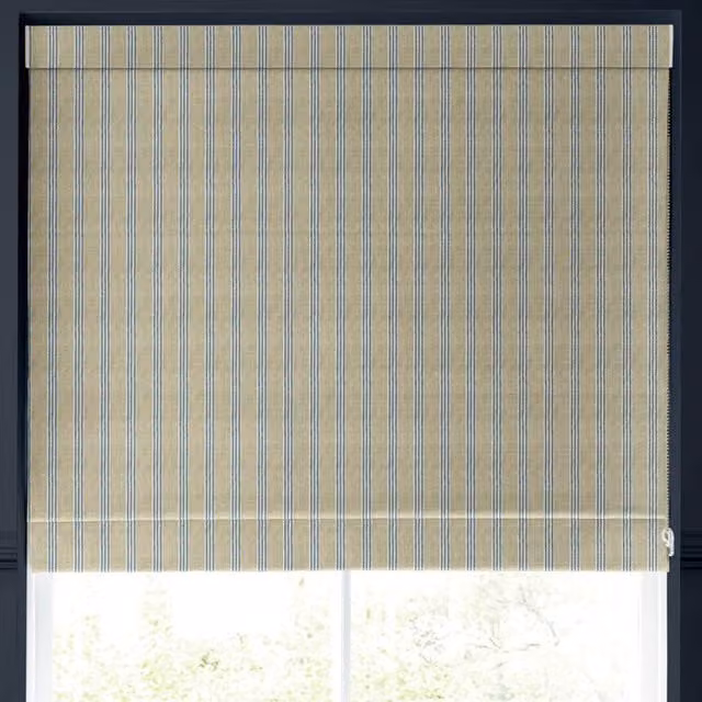 Emily Bond George Stripe Made to Measure Blackout Roman Blind in Indigo Blue and Beige