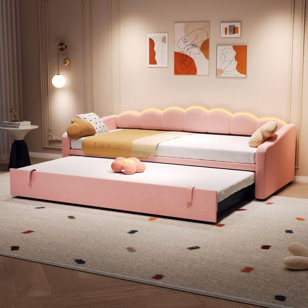 Matteo Pink Velvet Petal Upholstered Daybed with RGB LED Under-Bed Lighting and Trundle – 2