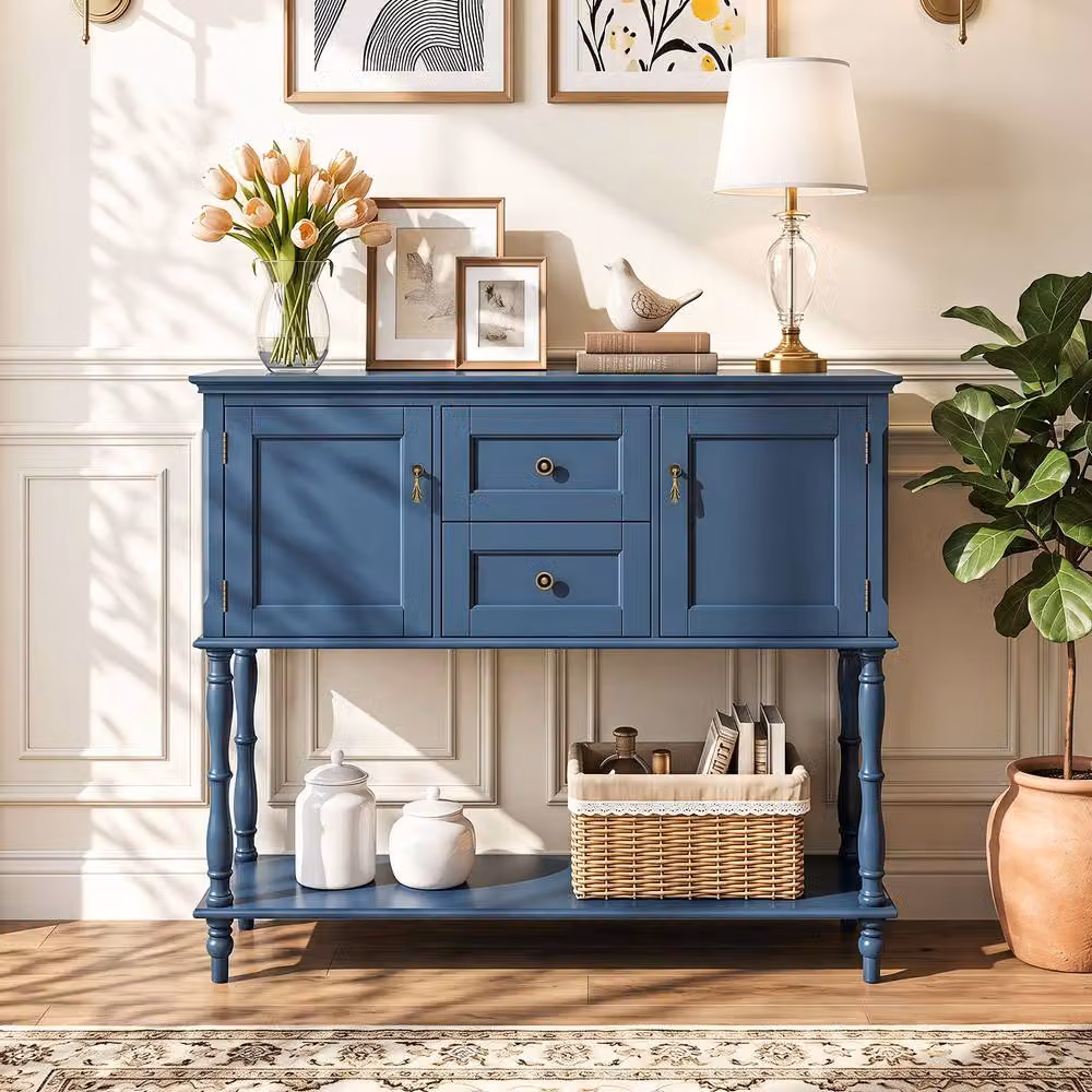 Gymax Blue Pine Wood Console Table with 2 Drawers – 3
