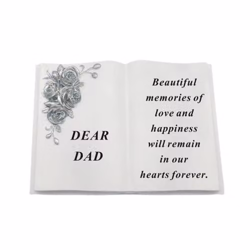David Fischhoff Dear Dad Graveside Memorial White Resin Book with 3D Silver Roses