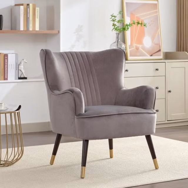Artemis Home Madison Grey Velvet Fabric Tub Accent Chair with Armrests and Solid Wood Frame