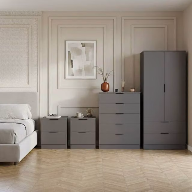 Vida Designs Trega 4-Piece Grey Bedroom Set including Wardrobe, 5-Drawer Chest and 2 Bedside Tables