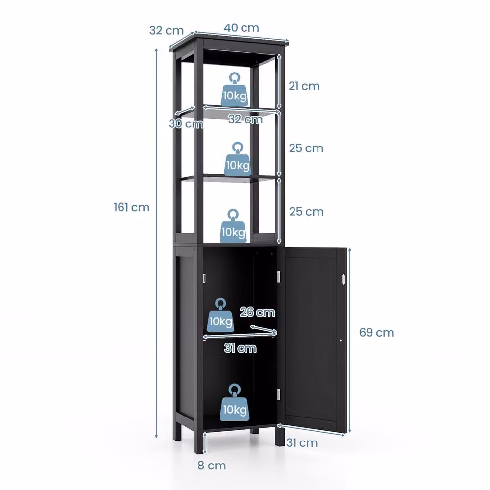 Gymax Modern Black Freestanding Bathroom Floor Cabinet with Adjustable Internal Shelves and Hinged Doors – 2