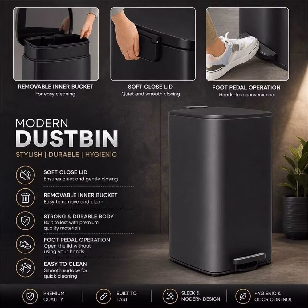 EONLION Black Square Steel Kitchen Pedal Bin with Soft Close, Height: 100 cm, Width: 50 cm, Depth: 61 cm – 3