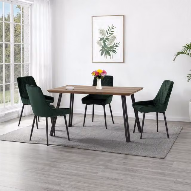 Seconique Quebec Oak Effect Dining Table and 4 Avery Green Velvet Chairs – 2