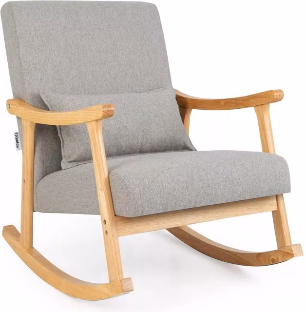 Costway Grey Upholstered Rocking Chair Recliner with Soft Cushion and Pillow and Solid Wood Frame – 1