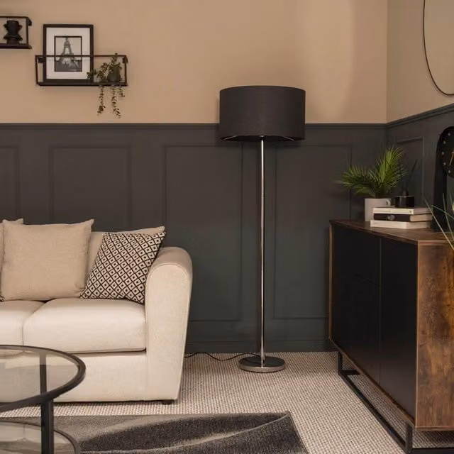 ValueLights Charlie Chrome Floor Lamp with Blue Fabric Cylinder Shade in Silver