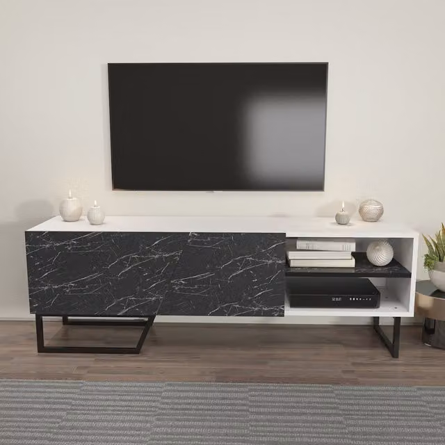 DECOROTIKA Modern Black Marble Effect and Black TV Stand with Two Shelves and Cabinets for TVs up to 60 inch