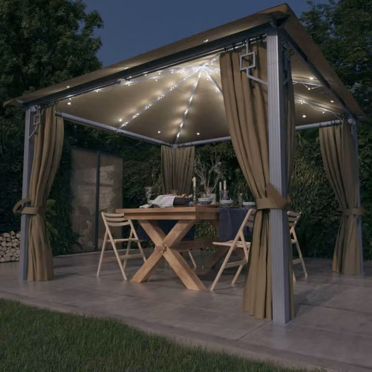 Berkfield Home Aluminium Gazebo with Curtains and LED String Lights, Taupe, W: 300 cm x D: 300 cm x H: 270 cm