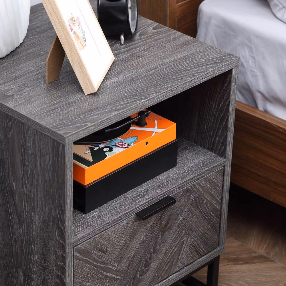 ERGOVEXA Industrial Bedside Table with Drawer and Shelf in Dark Grey and Black – 5