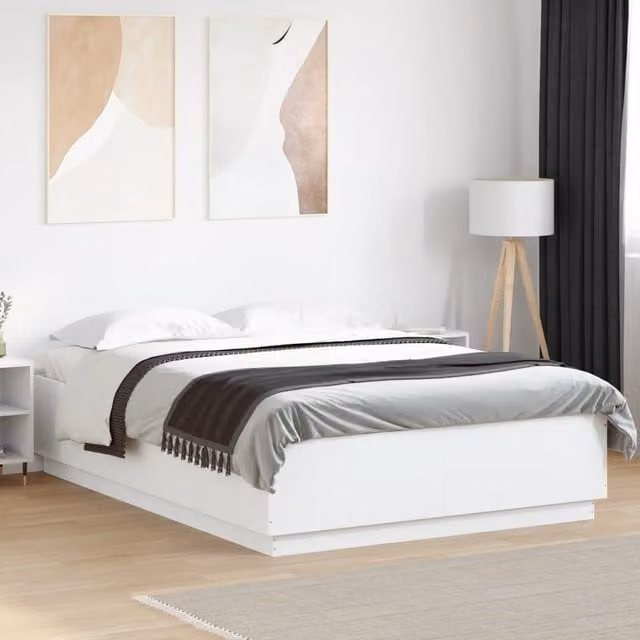 Berkfield Home King Size Bed Frame in White with LED Under-Bed Lighting, USB Charging Ports and Drawers, W/D/H: 150 x 200 cm