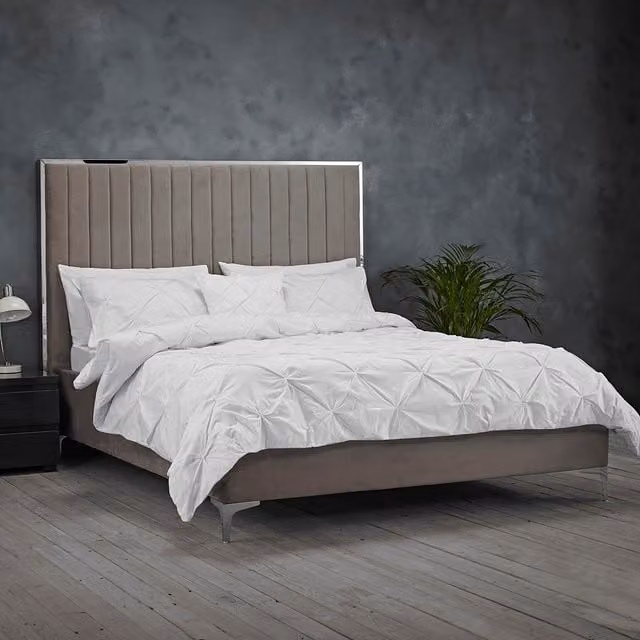 LPD Home Modern Upholstered Velvet Fabric Bed Frame in Silver Grey, W/D/H: 180 x 200 cm