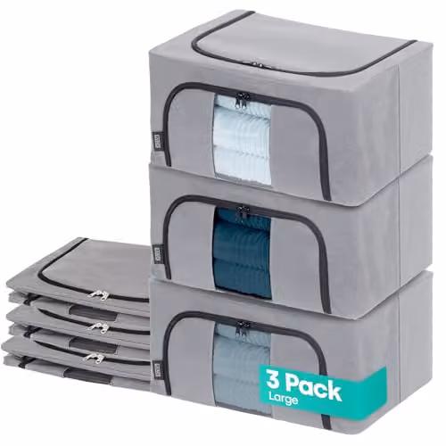 LIVIVO Set of 3 Grey Fabric Storage Bags for Bedding and Clothes, Foldable Underbed Organisers – 1