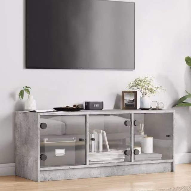 Berkfield Home TV Cabinet with Glass Doors in Concrete Grey, W/D/H: 102 x 37 x 42 cm – 1