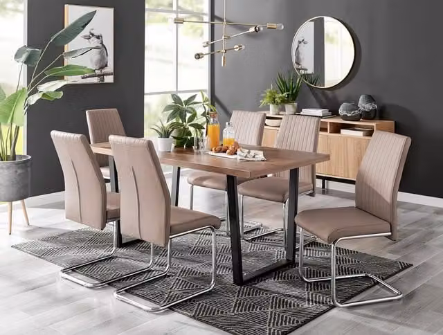 FurnitureboxUK Kylo Large Brown Wood Effect Dining Table and 6 Lorenzo Beige Faux Leather Chairs