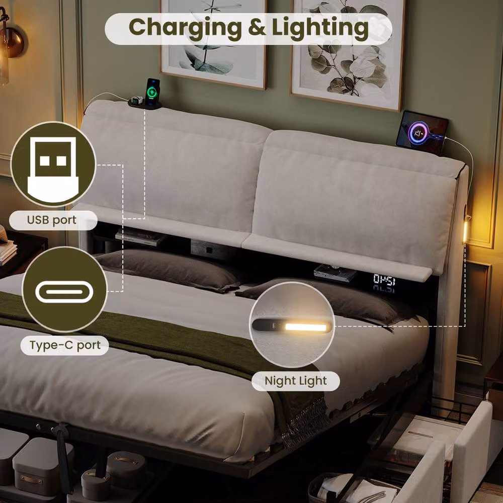 ModernLuxe Upholstered King Ottoman Bed in White with Flip-Top Storage, Integrated Reading Light and USB Charging Port, W: 160 cm, L: 200 cm, H: 115 cm – 5