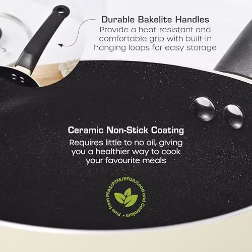 Swan Townhouse 3 Piece Ceramic Saucepan Set with Glass Lids and Bakelite Handles, Beige – 2