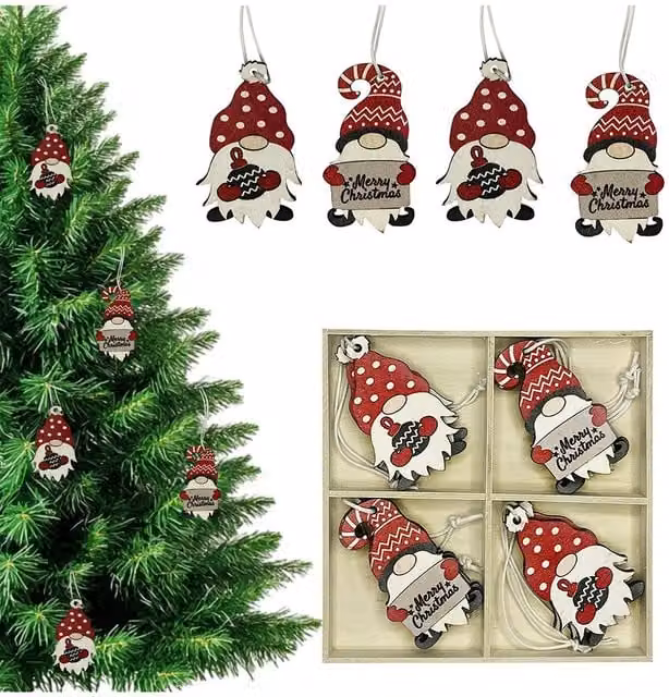 Neel Blue Rustic Wooden Christmas Tree Hanging Decorations with Red and White Gnome Ornaments and Merry Christmas Sign