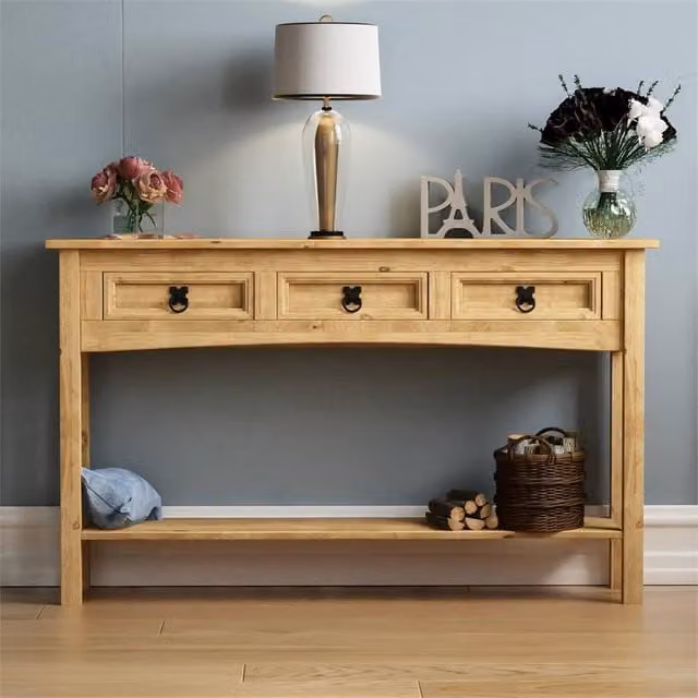 FORGEVIO 3 Drawer Wood Console Table in Brown