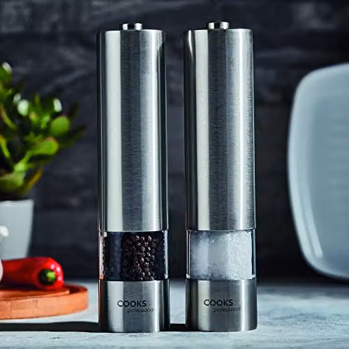 Cooks Professional Electric Salt and Pepper Mill Set with Bamboo Base in Silver Stainless Steel – 5