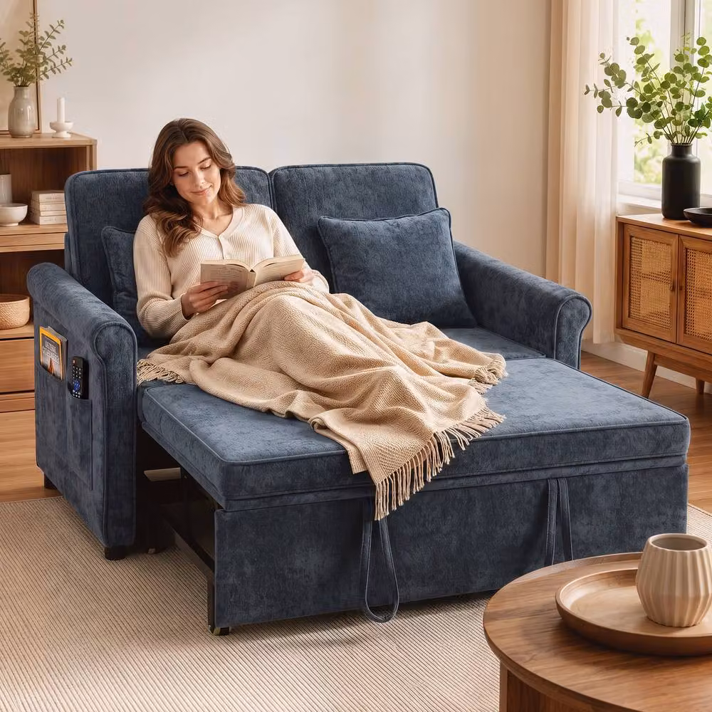 HOMCOM 2 Seater 3-in-1 Convertible Pull Out Sofa Bed in Dark Blue Chenille Fabric – 2