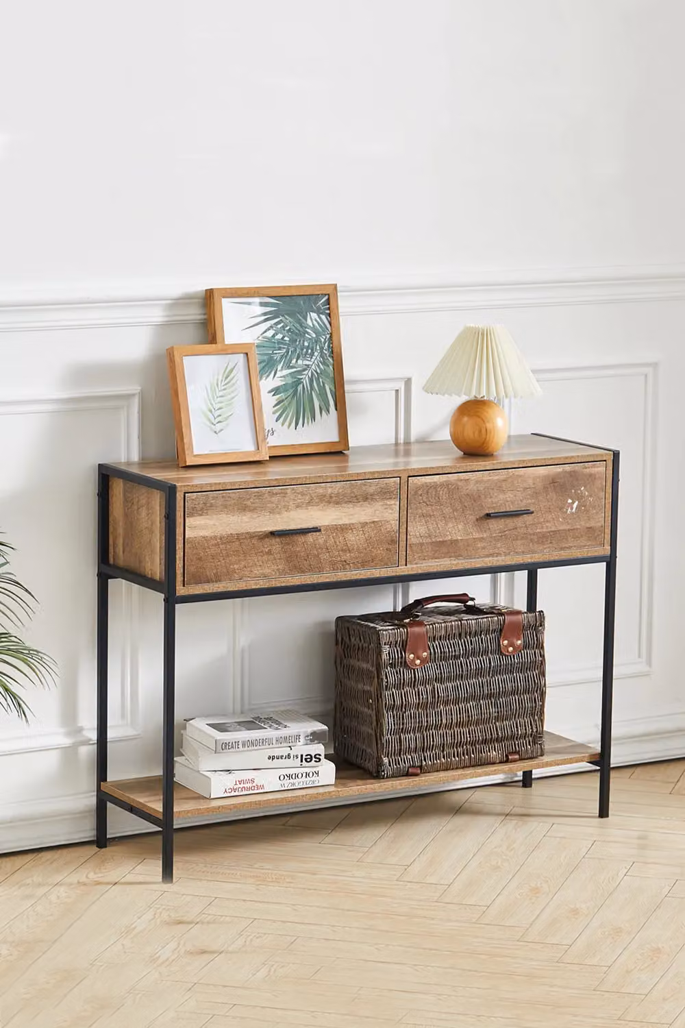 Living and Home Rustic Brown Metal Frame Console Table with 2 Drawers and Shelf – 2