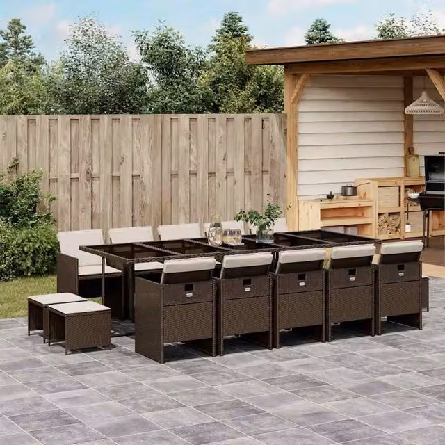 Berkfield Home 15 Piece Brown Poly Rattan Garden Dining Set with Cushions and Glass Tabletop