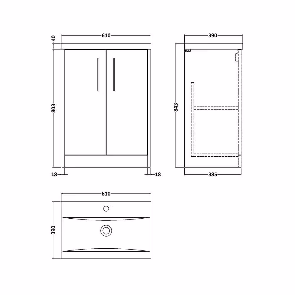 Balterley Winshill 2 Door Freestanding Bathroom Vanity Unit with Mid-Edge Basin, Grey, W: 60 cm, H: 84.3 cm – 3