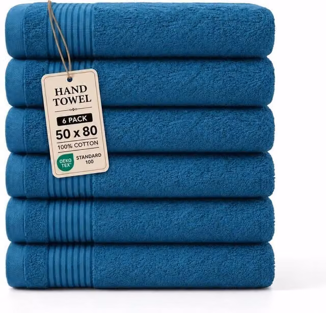 Grace Premium Cotton 500 GSM Hand Towels, Pack of 6, Petrol Blue