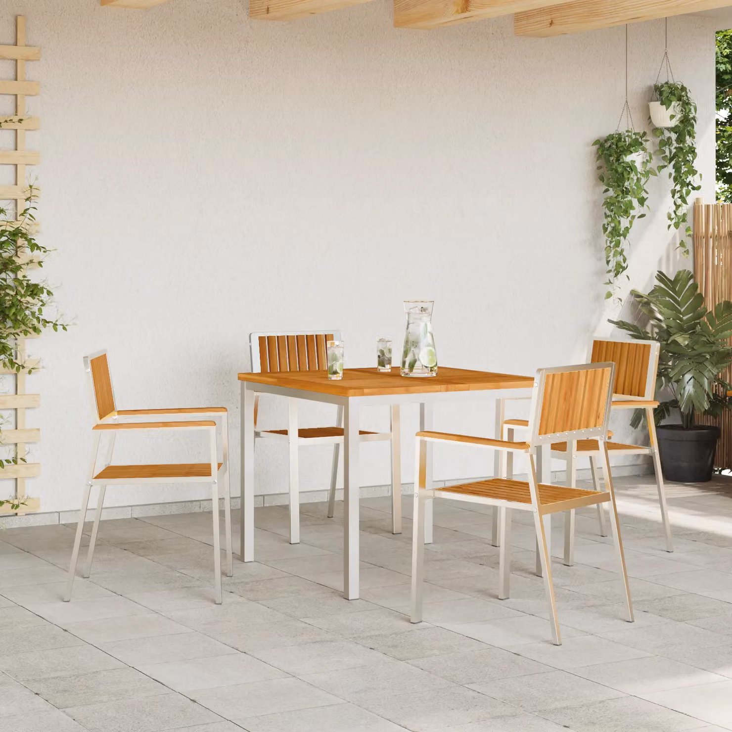 Berkfield Home Set of 4 Stackable Garden Chairs in Silver Teak Wood and Stainless Steel – 2