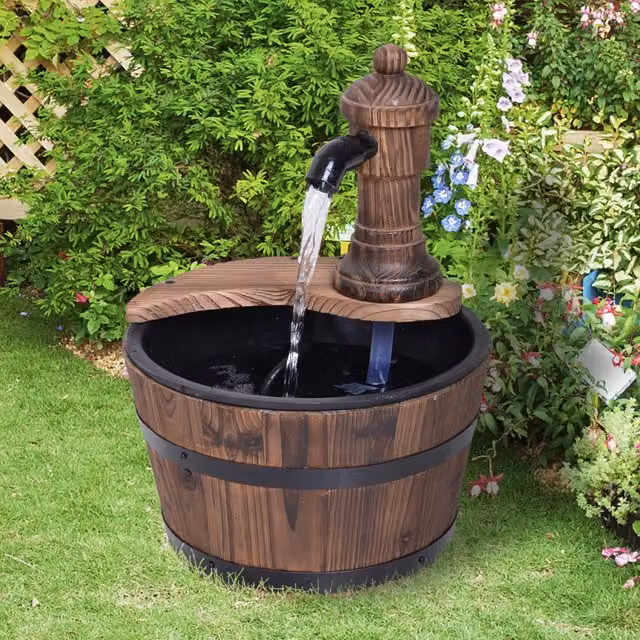 Outsunny Rustic Wood Barrel Tabletop Water Fountain in Brown and Beige – 1
