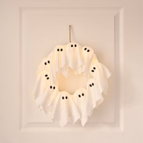 Lights4fun LED Ghost Outdoor Halloween Wreath in Black and White, Diameter: 32 cm – 3