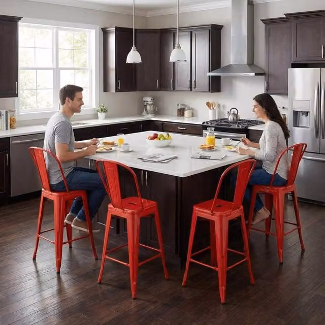 FWStyle Set of 4 Red Glossy Metal Bistro Bar Chairs H 102 x W 48 x D 44 cm