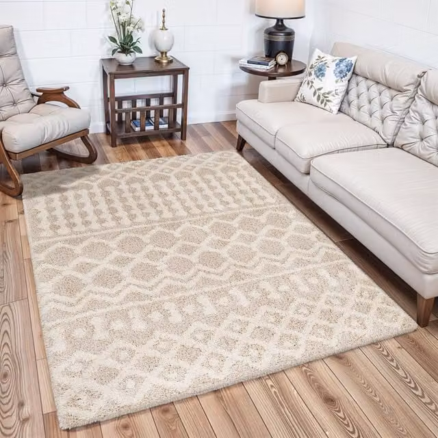 Livabliss Urban Geometric Boho Shag Rug in Beige, Blue, Pink and Grey, W: 80 cm, L: 220 cm