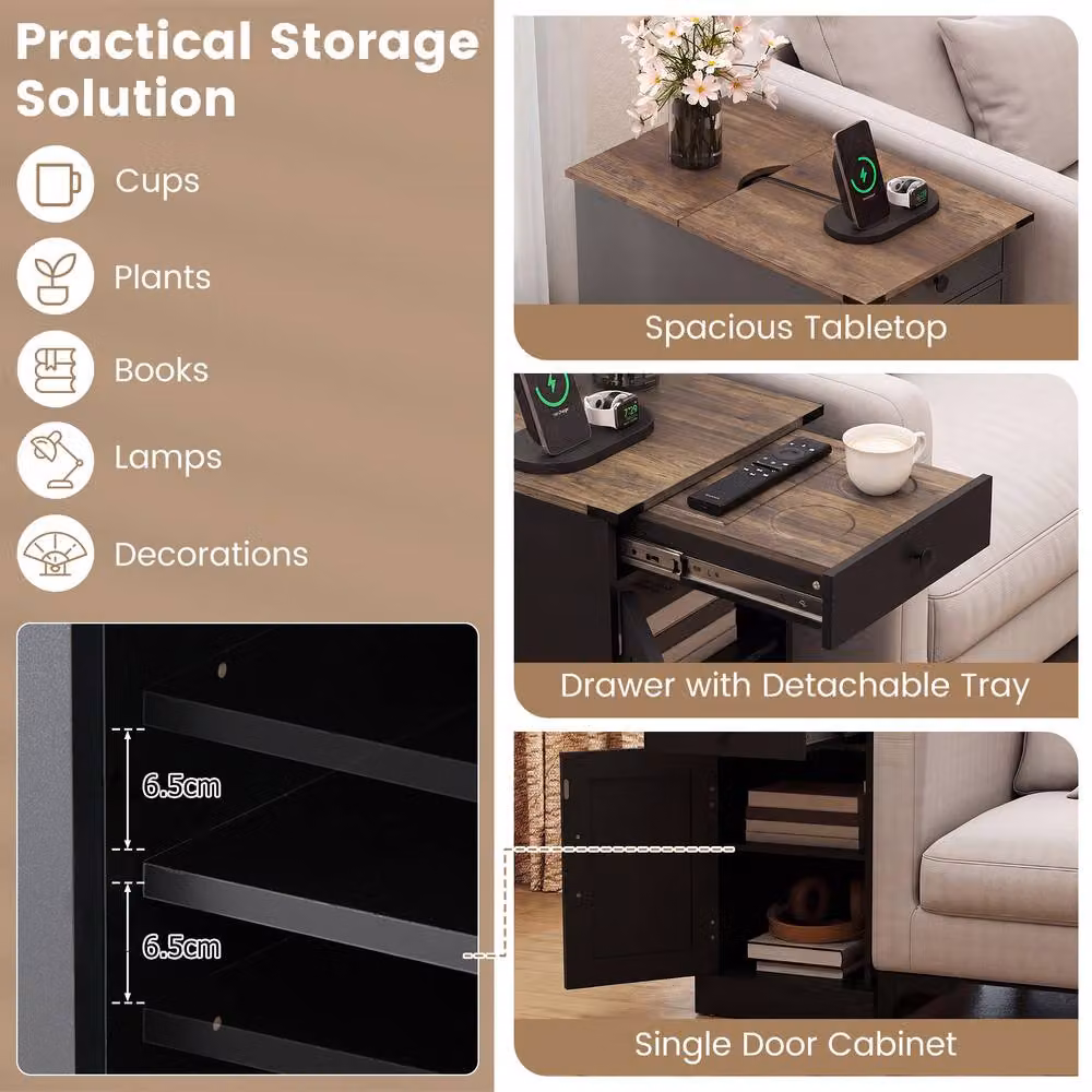 Gymax Farmhouse End Table with Charging Station and Cabinet in Black – 4