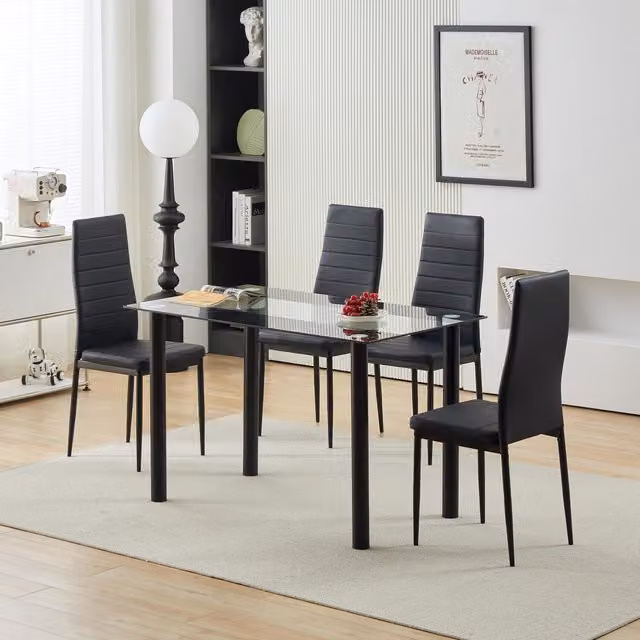Comfy Living 5 Piece Modern Black Glossy Glass and Metal Rectangular Dining Set