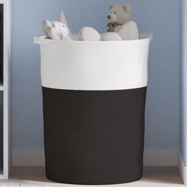 Berkfield Home Storage Basket in Black and White Cotton with Handles, W: 49 cm, H: 65 cm