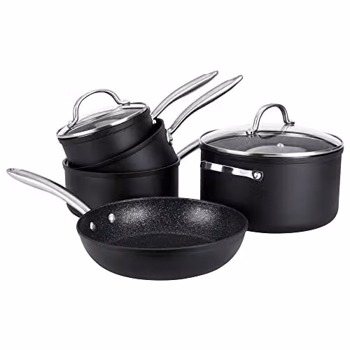 Prestige 5-Piece Non-Stick Aluminium Cookware Set with Stockpot, Saucepan, Frying Pan and Lids in Black