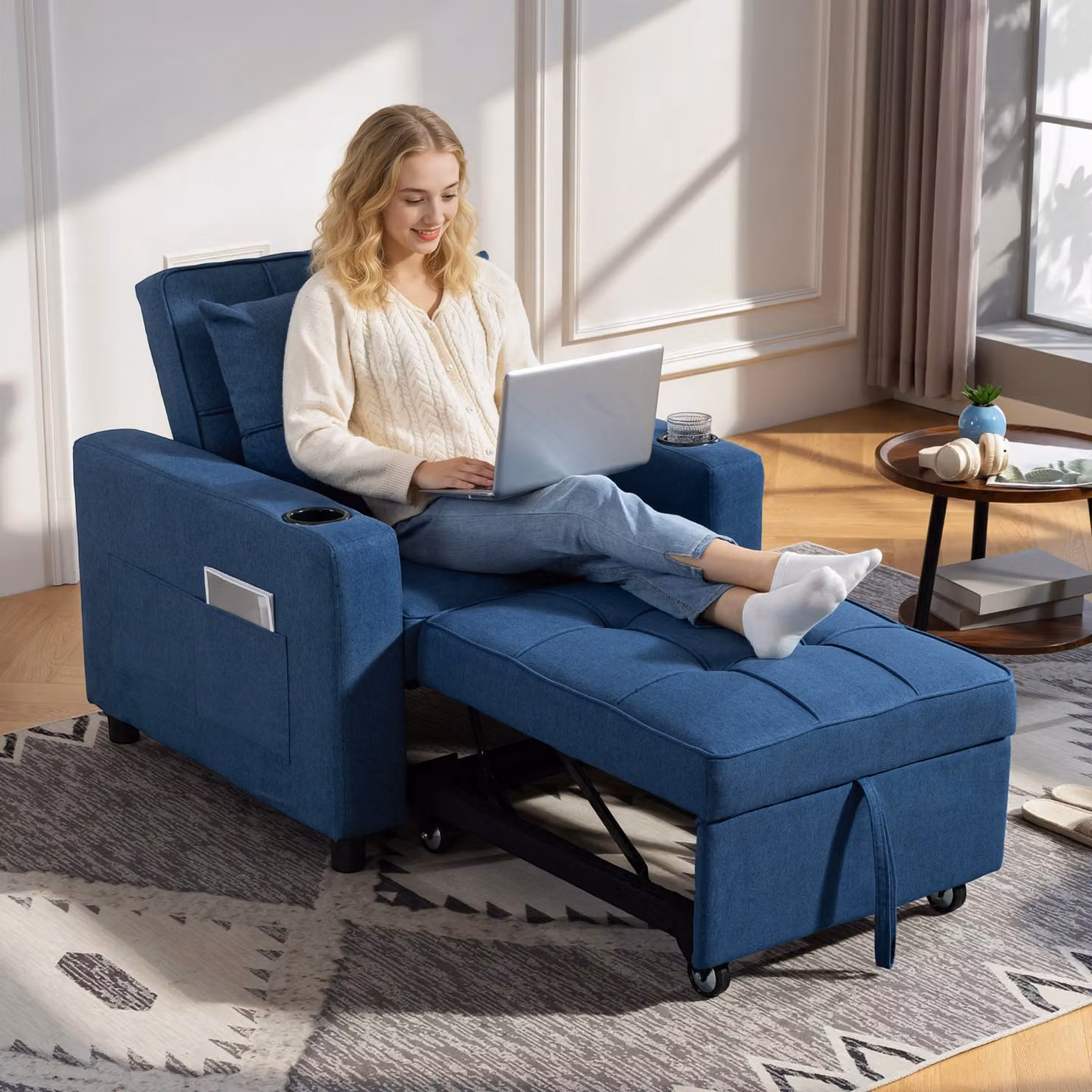 HOMCOM 3-in-1 Convertible Single Sofa Bed with Armrests in Blue – 2