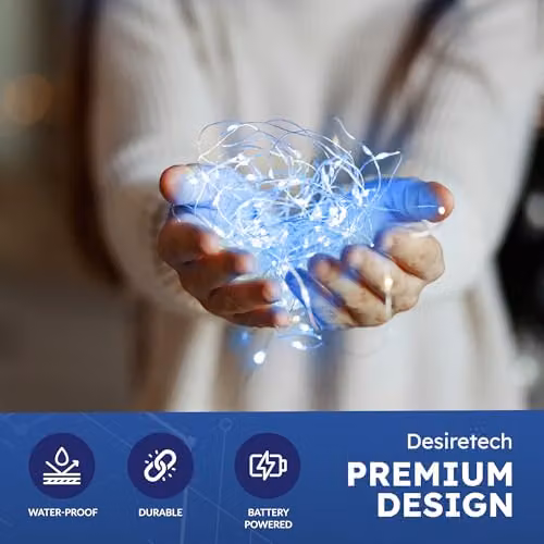 Desiretech 2-Pack Blue LED Battery-Powered Copper Wire String Lights with 50 LEDs – 3